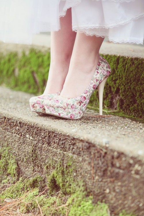 cute floral print platform wedding shoes are a nice idea for a spring or summer bride