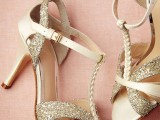 gold and gold glitter strappy wedding shoes with a strong vintage feel and braids are a cute idea
