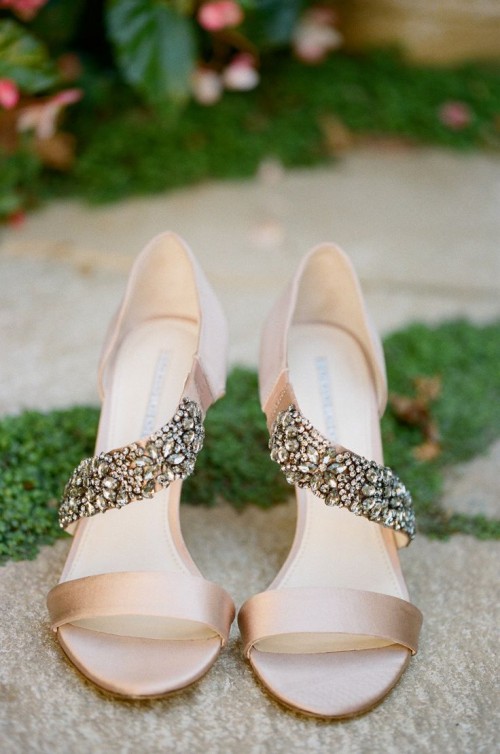 tan strappy wedding shoes with heavily embellished parts are a cool glam and modern idea for every bride