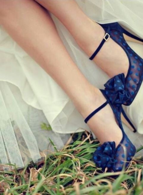semi sheer navy polka dot ankle strap wedding shoes look super cute and super beautiful, blue is the color of 2020
