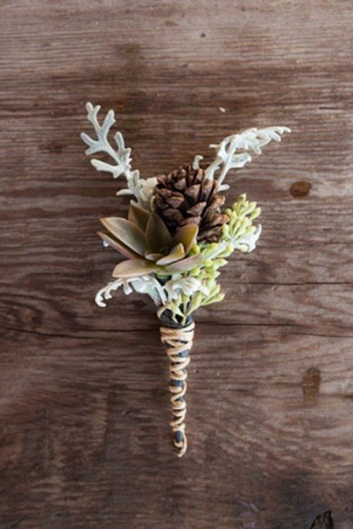 a rustic winter wedding boutonniere of greenery and pale leaves, pinecones and a succulents plus a twine wrap for a winter groom