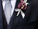 a wedding boutonniere with purple blooms and pale herbs, a neutral wrap is a stylish and bright accessory to rock