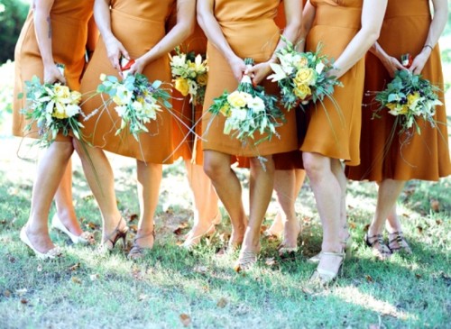 amber over the knee bridesmaid dresses and nude or black shoes for a modern fall wedding