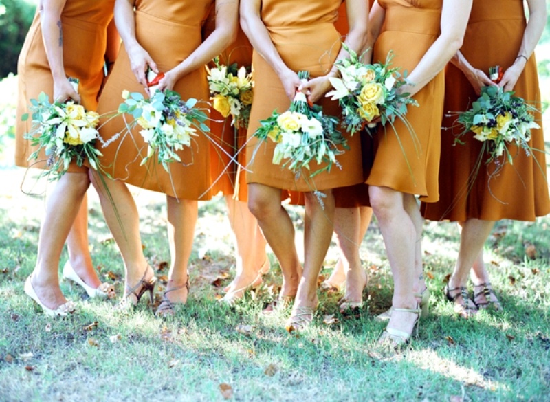 Amber over the knee bridesmaid dresses and nude or black shoes for a modern fall wedding