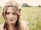 a vine and white fabric flower headpiece is a creative idea and your headpiece won’t wither, great for a boho woodland wedding