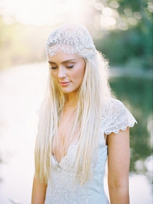 a romantic lace cap veil is a cool idea to add a bit of traditional elegance to your boho bridal look