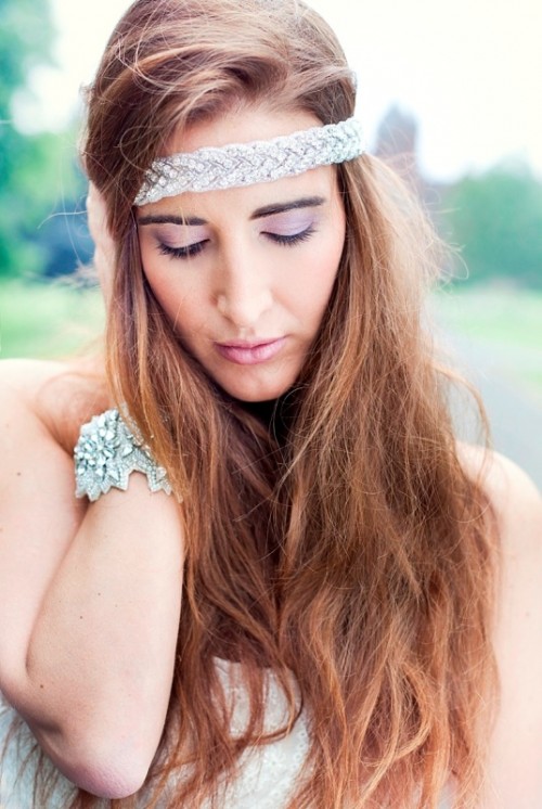 a lace rhinestone boho headpiece and a matching bracelet for a glam and boho look