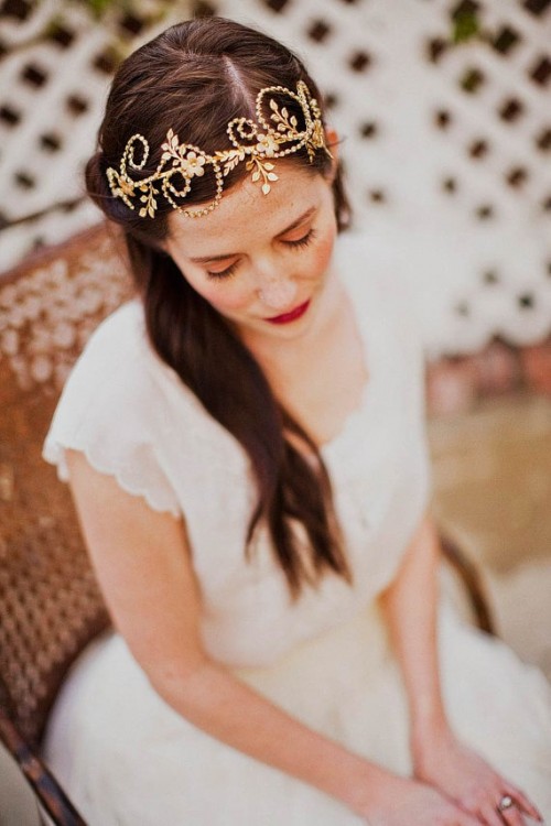 a gold bead floral and botanical headpiece is a glam and boho idea at the same time