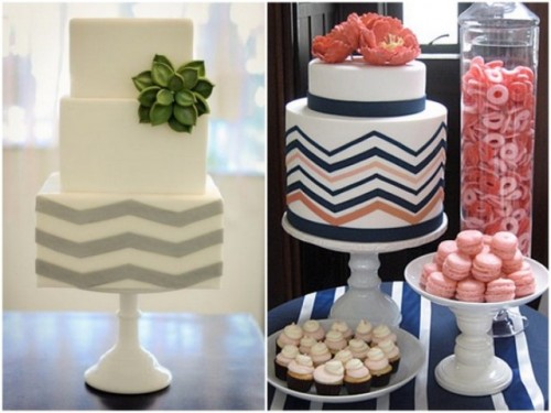 a square white wedding cake with grey chevron decor plus a succulent, a white round buttercream wedding cake with coral and navy chevron decor are a great combo for a modern wedding