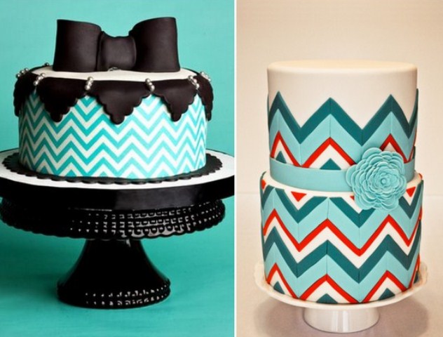 A white, turquoise and black wedding cake with chevron detailing and a black bow on top, a colorful chevron wedding cake for a bold mid century modern wedding