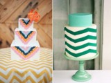 a square bright wedding cake with chevron decor done in boho style, with a floral, a round wedding cake with a mint blue tier and a white and navy chevron tier