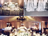 elegant black and white wedding decor with bows and lush blooms
