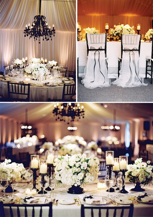 elegant black and white wedding decor with bows and lush blooms