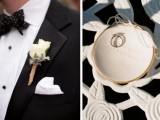 a black and white groom’s tux and a white ring plate