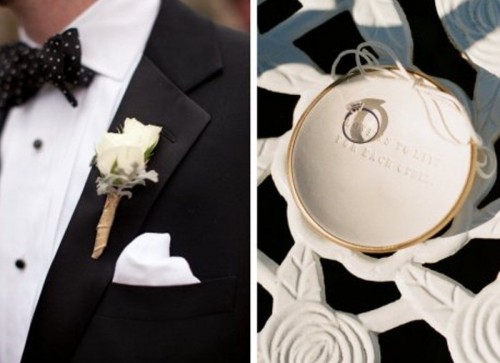 a black and white groom's tux and a white ring plate