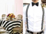 a white shirt, striped black and white suspenders and a black bow tie