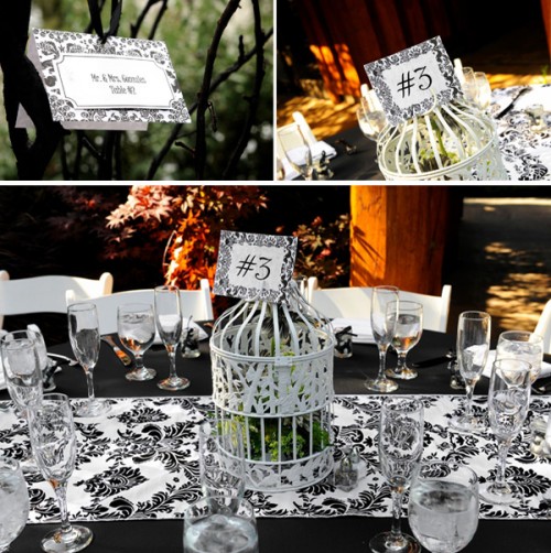 a chic black and white wedding tablescape with a printed table runner, a cage and stationery