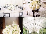 lush white blooms, white candles and black vases, chairs and chandeliers for chic styling