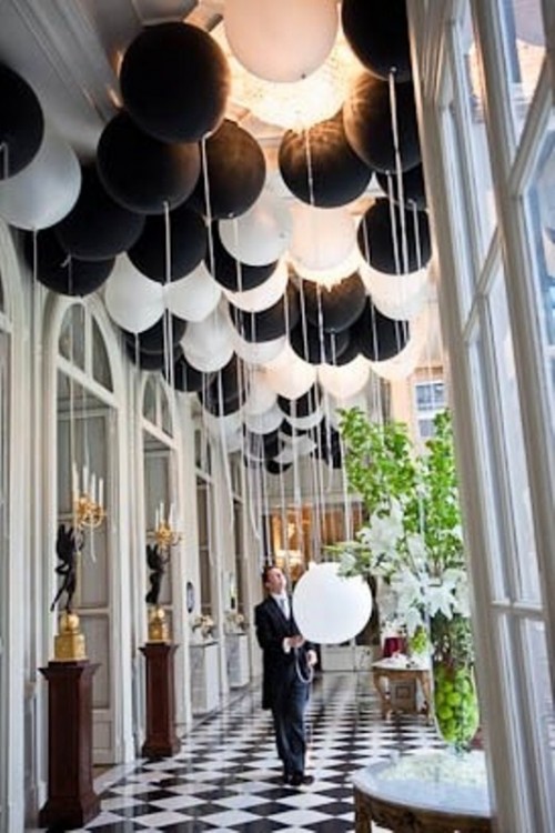 a black and white ballon installation for wedding decor