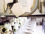 white candles in black candle holders, lush white blooms and black, white and gold chargers