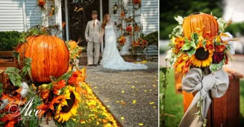 bright unflowers, leaves and pumpkins to decrate the wedding aisle