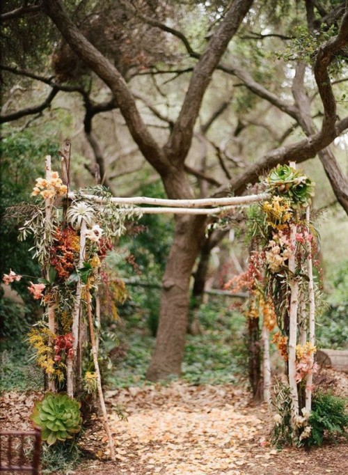 a branch wedding arch topped with blooms, air plants and fall leaves for a cool fall wedding