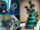 a wedding cake, boutonniere and jewelry accented with peacock feathers