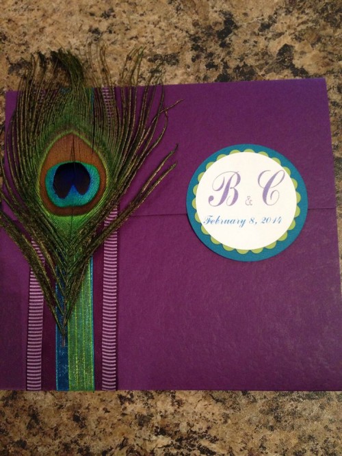 a purple wedidng album with a peacock feather for an accent to remind of your wedding theme