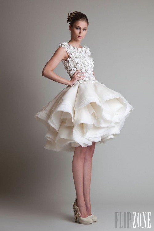 a whimsical and bold A-line wedding dress with a floral bodice with cap sleeves and a ruffle multi-layer skirt that makes a statement