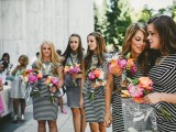 striped peplum black and white knee bridesmaid dresses with a high neckline and cap sleeves, bold wedding bouquets for a bold and chic look