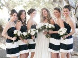 strapless mini blck and white bridesmaid dresses paired with white bouquets create a cool and chic look suitable for many types of weddings