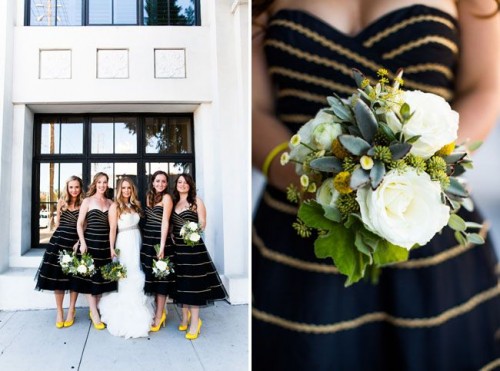 strapless black and gold A-line bridesmaid dresses paired with yellow shoes are amazing for an elegant and stylish wedding