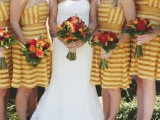 bold deep and light yellow knee bridesmaid strapless dresses are a cool and bold idea for a summer or fall wedding