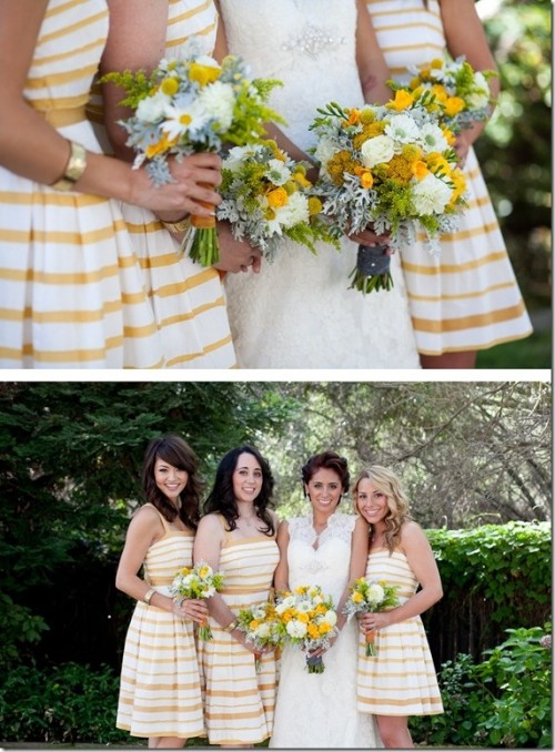 yellow and white striped bridesmaid knee A-line dresses are a great idea to make your spring or summer wedding cheerful and cool