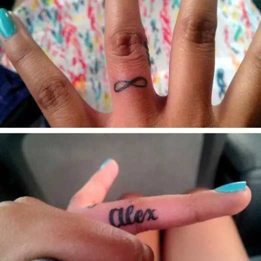 Infinity wedding tattoos with partner's names made on the side of your finger