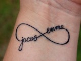 an infinity sign tattoo with the names placed on the wrist is a fresh take on a usual infinity sign tattoo