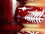 red glitter nails with white fit trees, stars and polka dots are a lovely and bold idea for a modern wedding