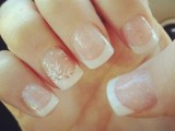 blush glitter and white nails with snowflakes are beautiful for a modern glam winter bride
