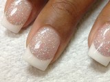 French blush glitter and white nails are a perfect idea to add a bit of sparkle to a winter bridal look
