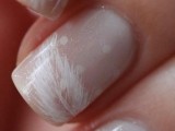 blush glitter wedding nails with polka dots and painted feathers are beautiful, romantic and very chic
