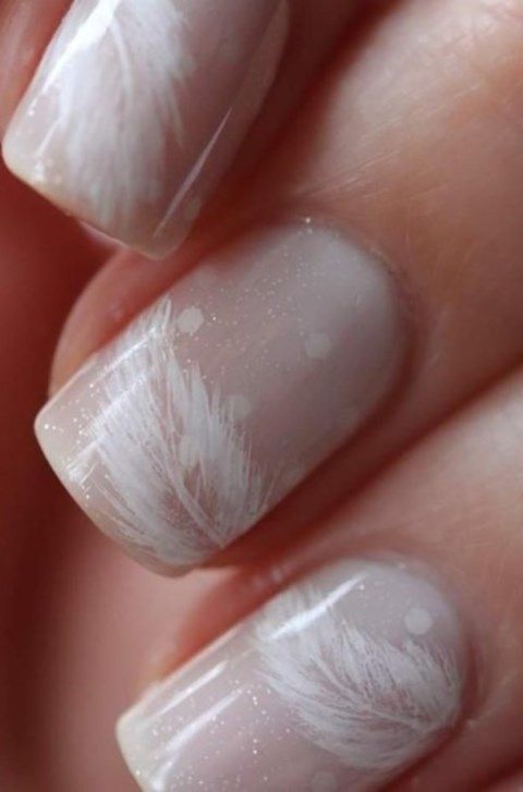 blush glitter wedding nails with polka dots and painted feathers are beautiful, romantic and very chic