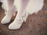 white booties with heels and fabric flowers are a great option for a vintage-inspired bridal look