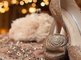 silver glitter heels with fabric flowers are an elegant vintage-inspired idea for a winter bride