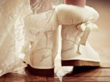 white ugg boots with faux fur and bows are chic and very comfortable for winter brides