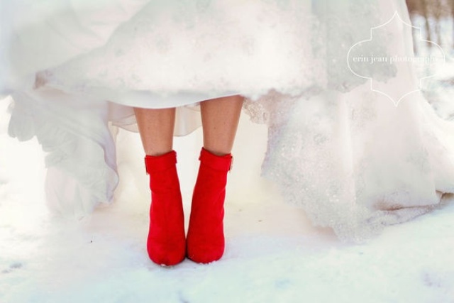 gorgeous red suede booties are amazing to add a touch of bright color to your holiday wedding look
