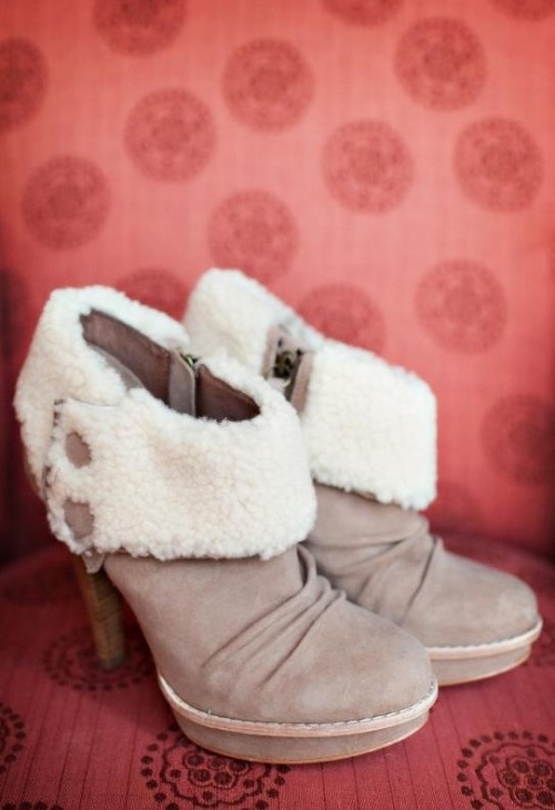 taupe heeled booties with white fur and buttons for a cozy feel and a stylish look at a winter wedding