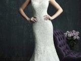 a sleeveless mermaid beaded wedding dress with a faux sweetheart neckline is a lovely idea for a glam bride