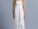 a strapless sheath wedding dress with ruffles and a front slit is a comfortable idea and you let the air flow, which helps if it’s hot