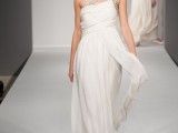 a unique draped sheath wedding dress with embellished belts on one shoulder reminds of Grecian gowns