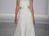 a strapless lace embellished wedding dress with a silver silk sash is a very romantic and chic idea